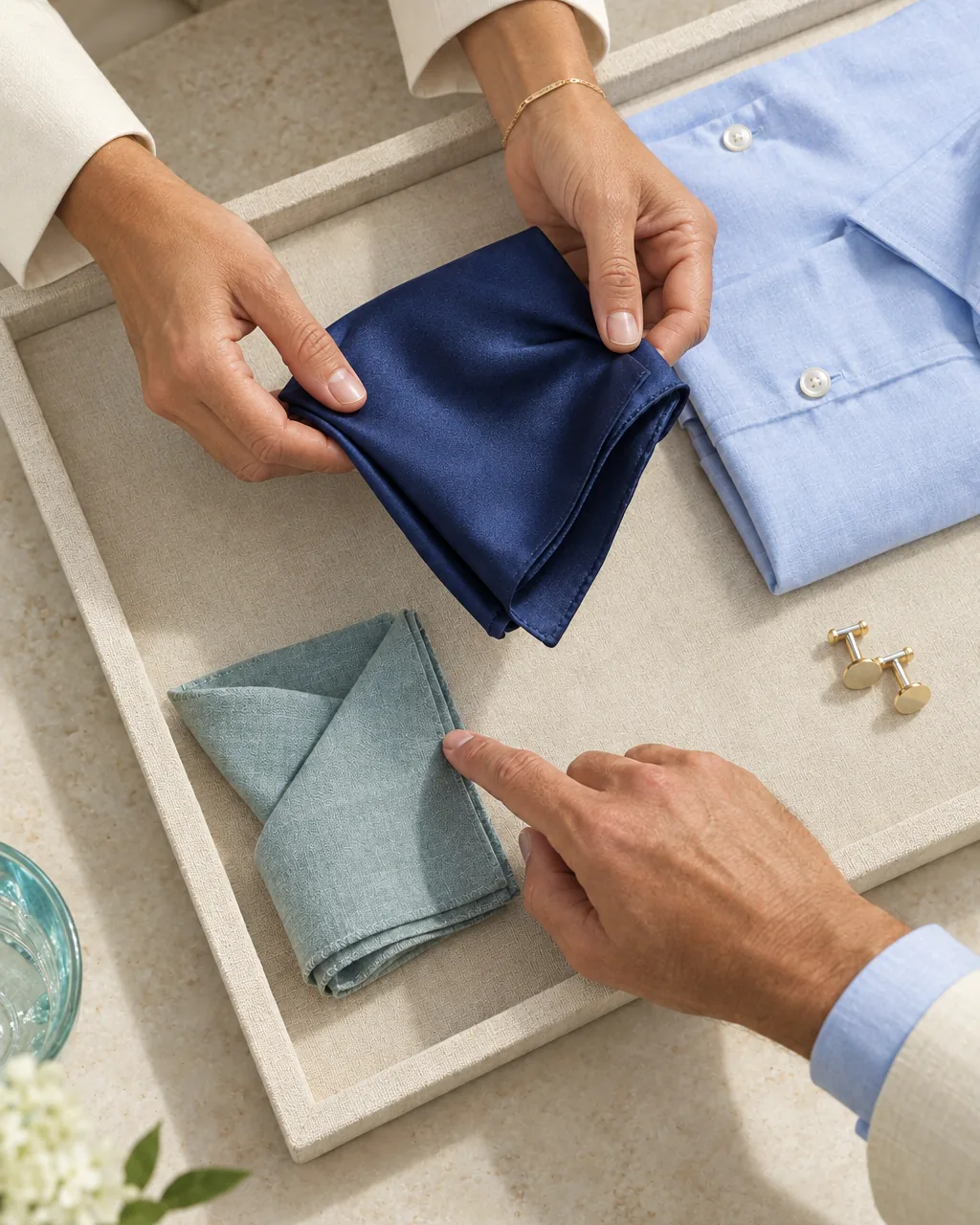 Aisha's hands and a client's hand choosing between a pocket square and a shirt on a linen tray