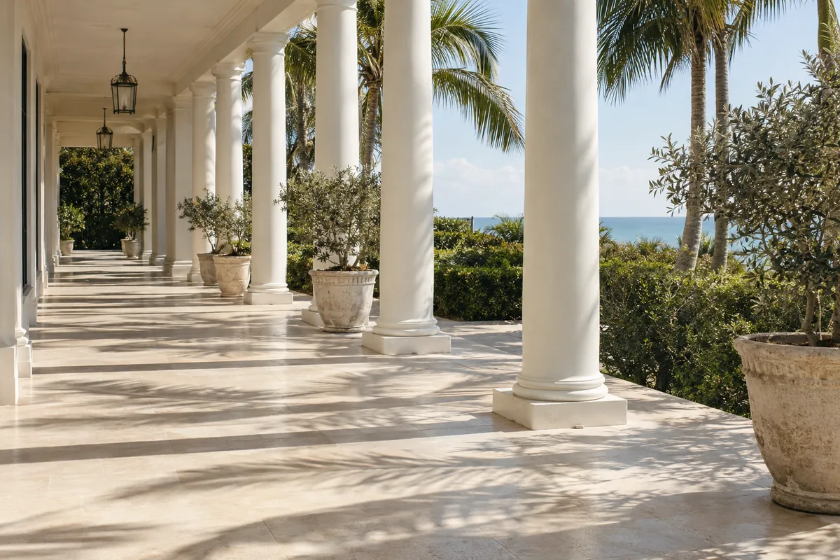 An empty sunlit colonnade with palm shadows on the stone floor