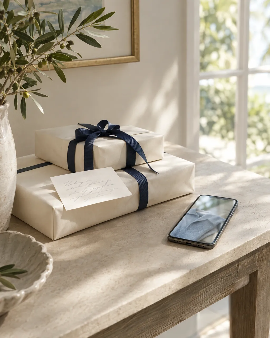 Wrapped purchases at home with a handwritten note and a phone