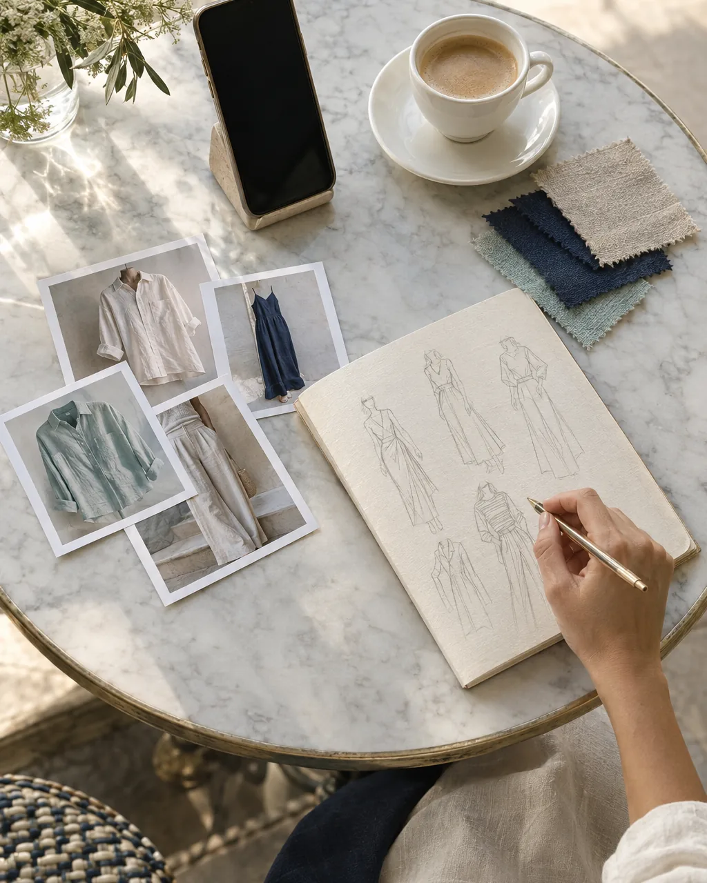 A style call: a notebook with sketches, fabric swatches and style references on a café table