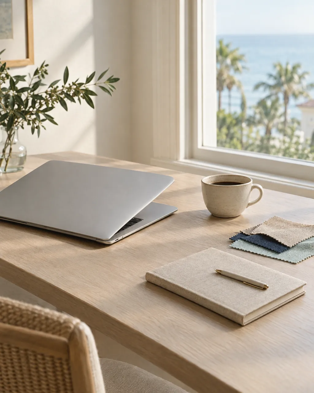A calm desk with a laptop, fabric swatches and a notebook