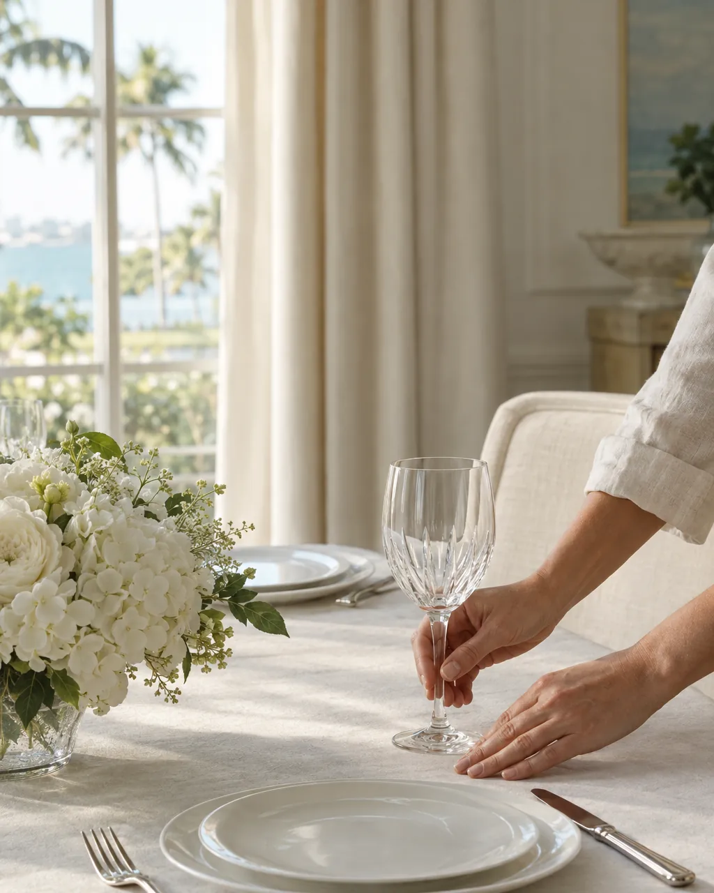Hands set a table with plain glassware and silver cutlery on linen