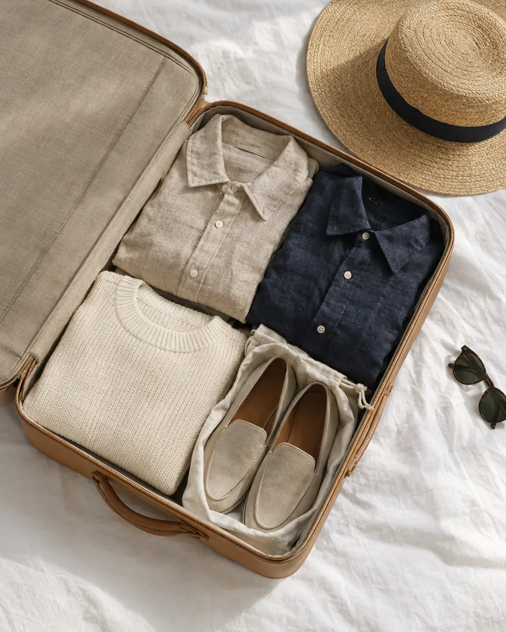An open suitcase packed by outfit for a holiday, with a sun hat